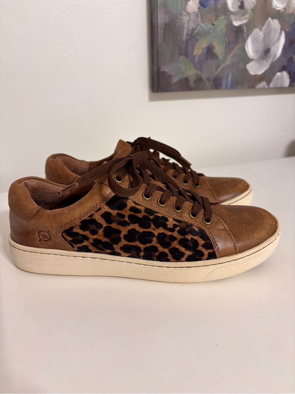 BORN Women’s Size 7 M Brown Leopard Print Leather Sneakers Low top lace F69641
